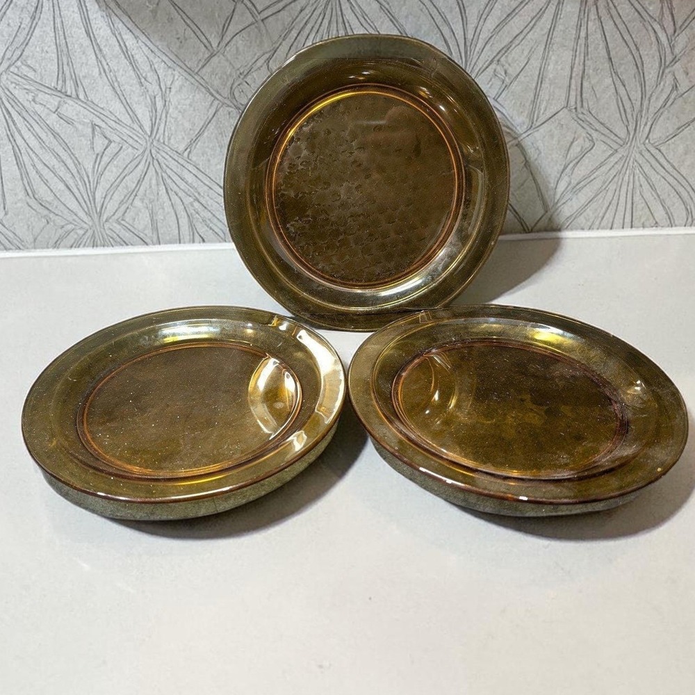 Vereco Amber Glass Dessert Plates, Set of 3, Vintage Style‎ Yellow Glassware